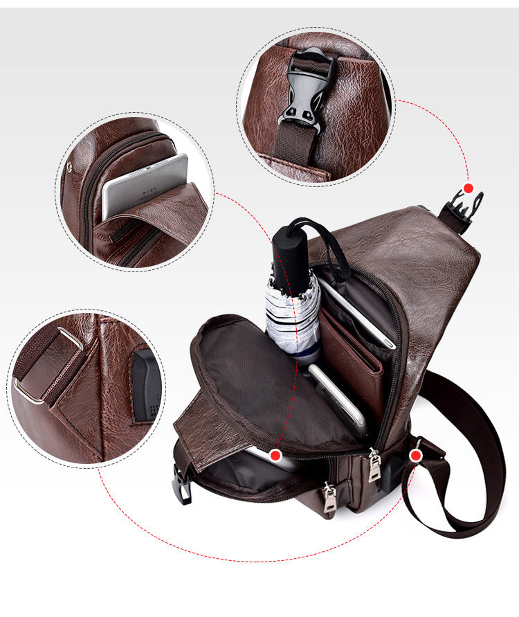 Backpack Male USB Charging Anti-theft Chest Bag Casual Retro Pu Shoulder Bag Men's Outdoor Riding Sports Messenger Bag